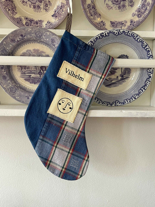 Made to order julesok i blåt vintage tekstil - tilføj navn og motiv