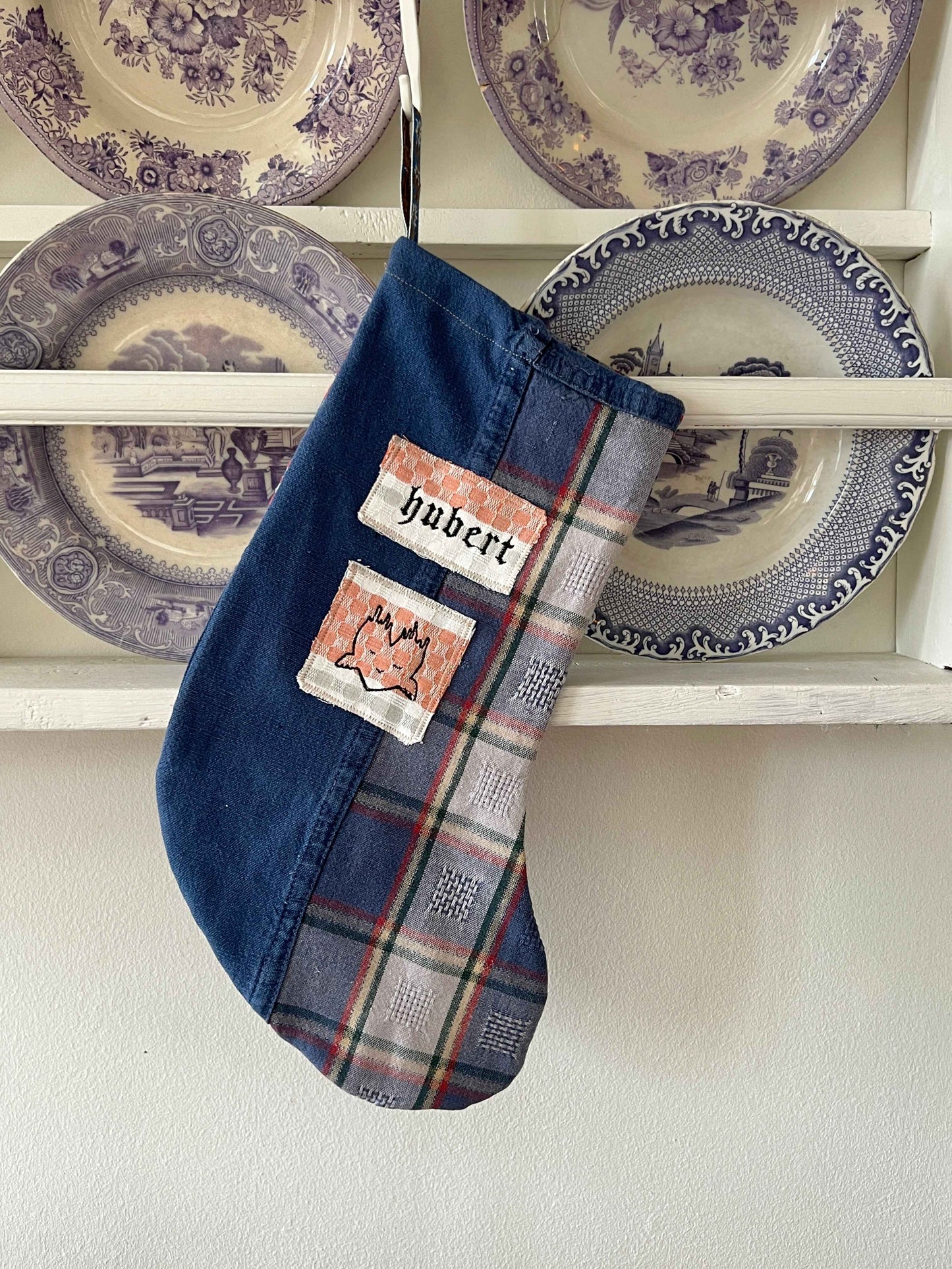 Made to order julesok i blåt vintage tekstil - tilføj navn og motiv